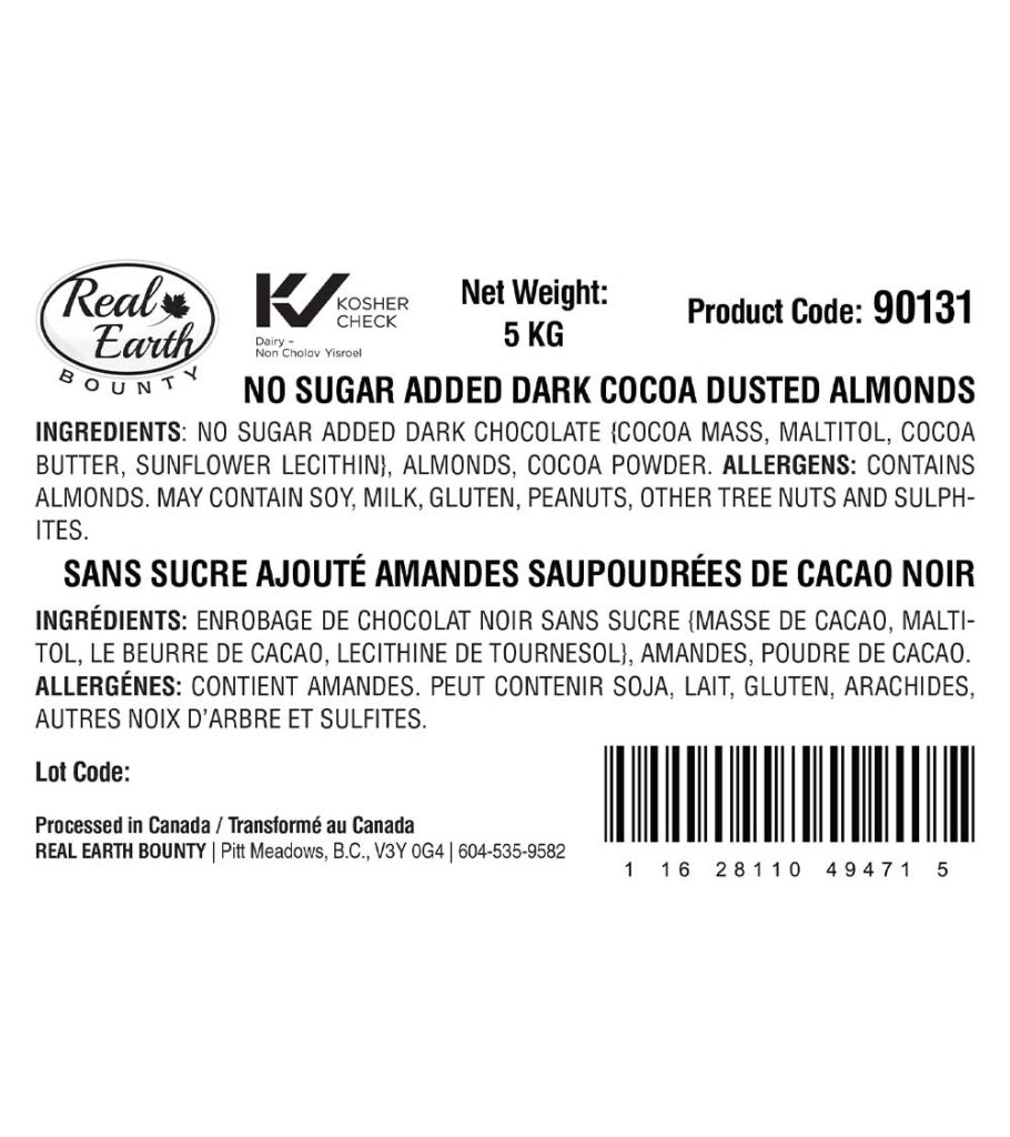 NO SUGAR ADDED DARK COCOA DUSTED ALMONDS Weight 5kg Real Earth Bounty